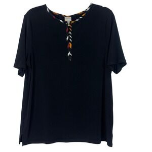 Chicos Black Geometric Trim Short Sleeve Women Blouse Top Size 2 L